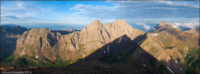 From the summit of Humboldt Peak (14,064'), the Sangre De Cristo skyline, a 14er climber's paradise L to R: Crestone Needle (...