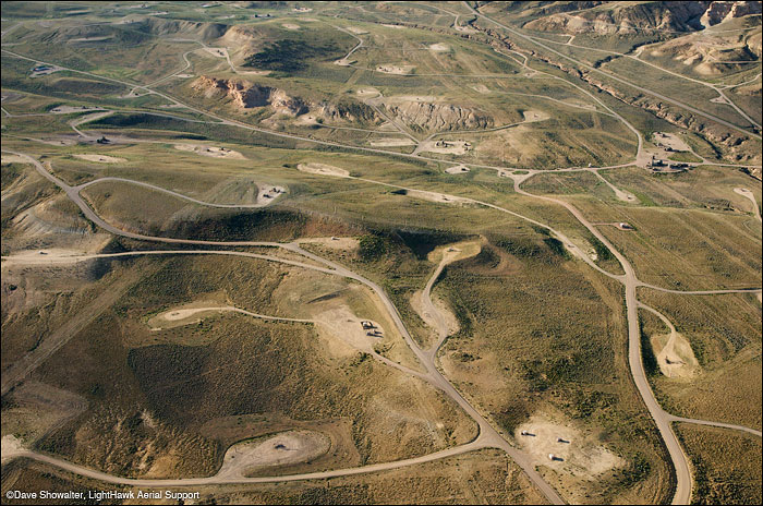 &nbsp;Fragmented land in the LaBarge, Wyoming Gas Field. The network of roads and gas pads have rendered the land useless for...