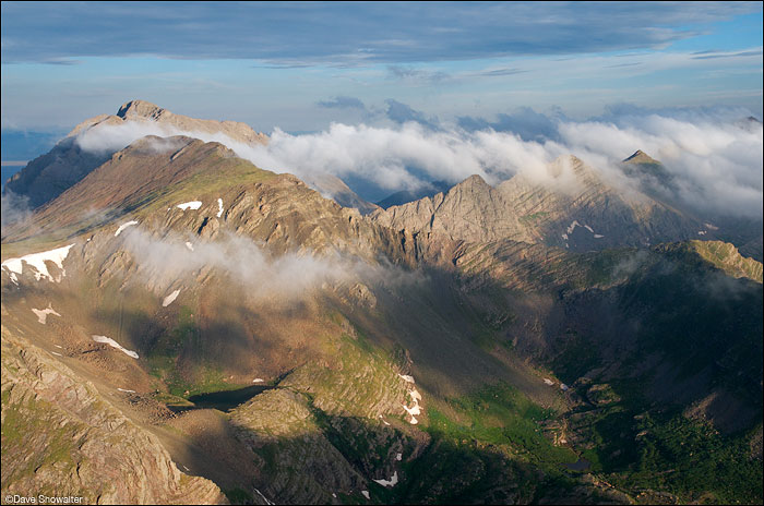 &nbsp;Valley fog rises to the high reaches of Kit Carson Mountain, 14,165'. The view is from Humboldt Peak, 14,064' just after...