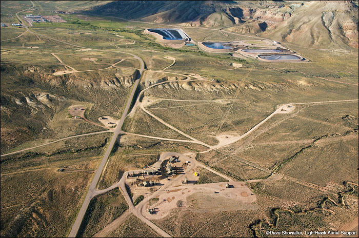 &nbsp;An aerial view of the industrial natural gas field in LaBarge, Wyoming. The ponds are produced water holding ponds with...