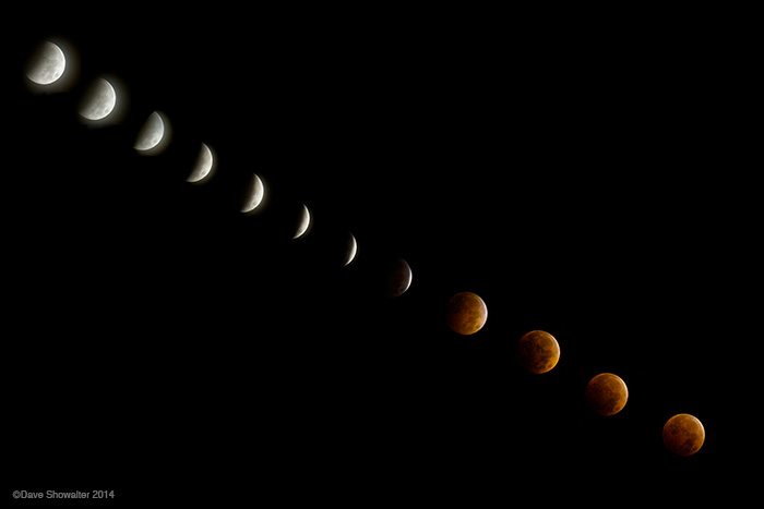 A composite image showing the progression of the "blood moon" lunar eclipse, October, 2014.&nbsp;