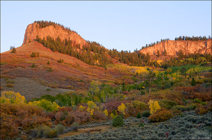 &nbsp;Warm autumn sunrise light paints cliffs above the Black Canyon Gorge on Black Mesa. Vast aspen forests, cottonwoods, and...