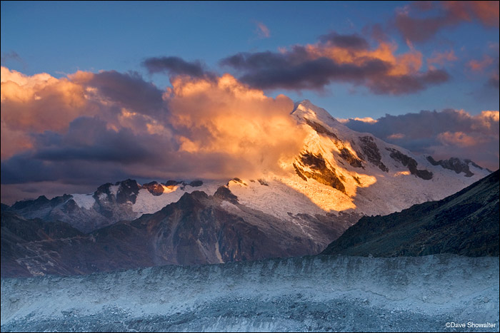 Sunset light on Chopicalqui, 6,354 meters, above the Pisco glacier.&nbsp;
