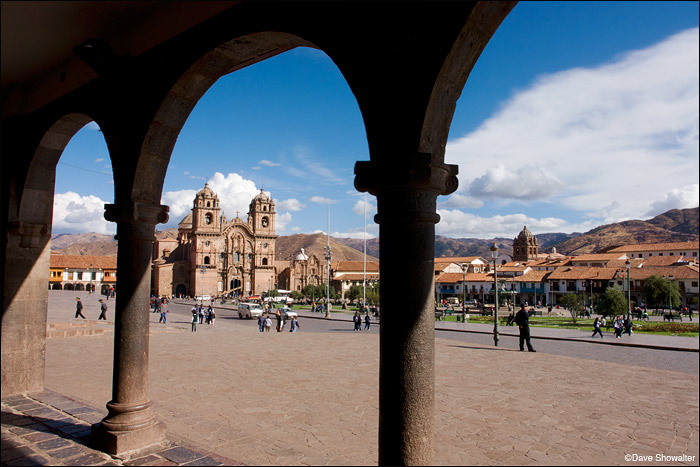 The picturesque Cusco (Peru)central square, as viewed through pillars. Cusco is the starting point for adventures to Machu Picchu...