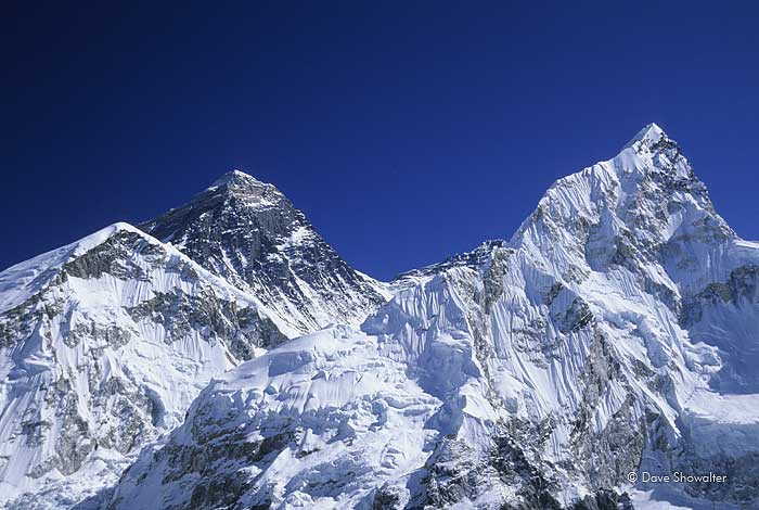 Mount Everest, the world's tallest peak at 8,850 meters; Lhotse, 8,501 meters and Nuptse, 7,861 meters as seen from Kala Pattar...