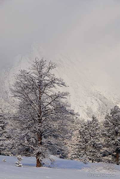 On a sub-zero morning, sun breaks through fog to reveal a hint of the Flatirons near Boulder, CO.