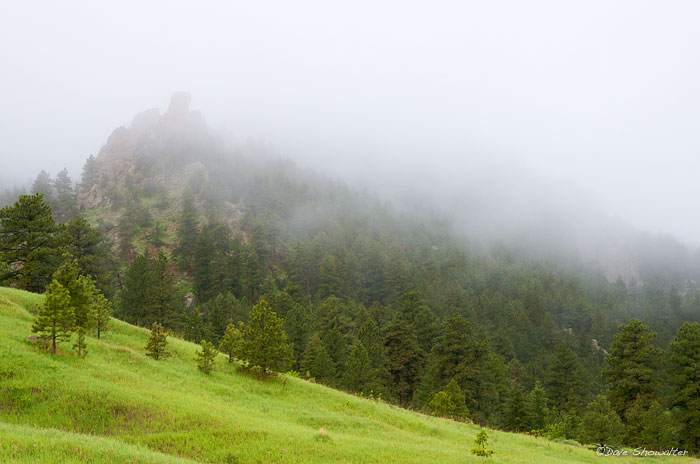 Early morning fog obscures a small spire at the entrance to Gregory Canyon, from Chautauqua Park in Boulder, Colorado. May rains...