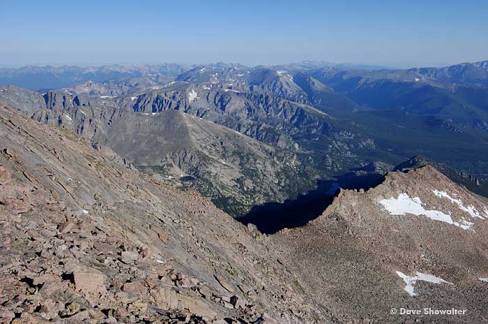 Keyhole Ridge leads to Glacier Gorge from the summit of Long's Peak, 14,255'.