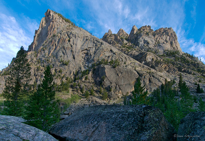 Late afternoon sun lights granite spires rising above New Fork Canyon in Wyoming's Wind River Range. These were our first close...