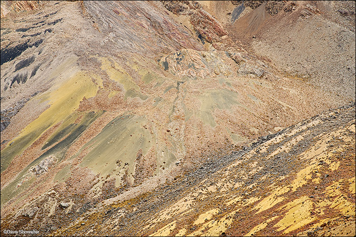 Colorful patterns of stone below Diablo Mudo (5223m) in the southern Cordillera Huayhuash.&nbsp;