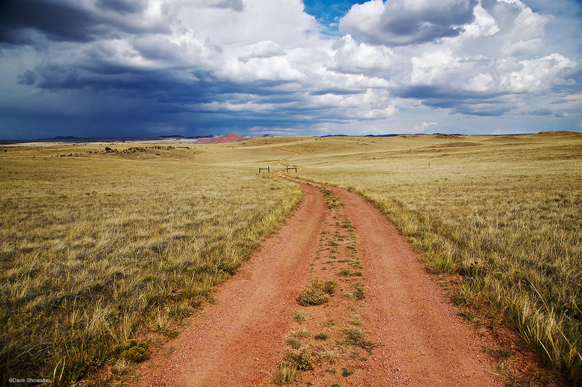 A two track road leads from The Nature Conservancy's Phantom Canton Reserve towards a building spring&nbsp;storm over the Laramie...