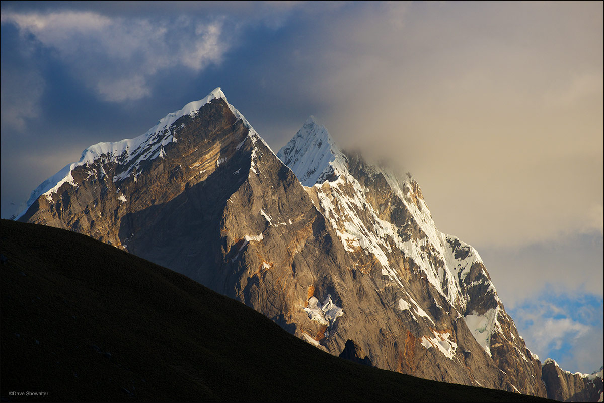 Rondoy's (5870m) west face gathers last light high in the Cordillera Huayhuash on the first night of our trek.&nbsp;