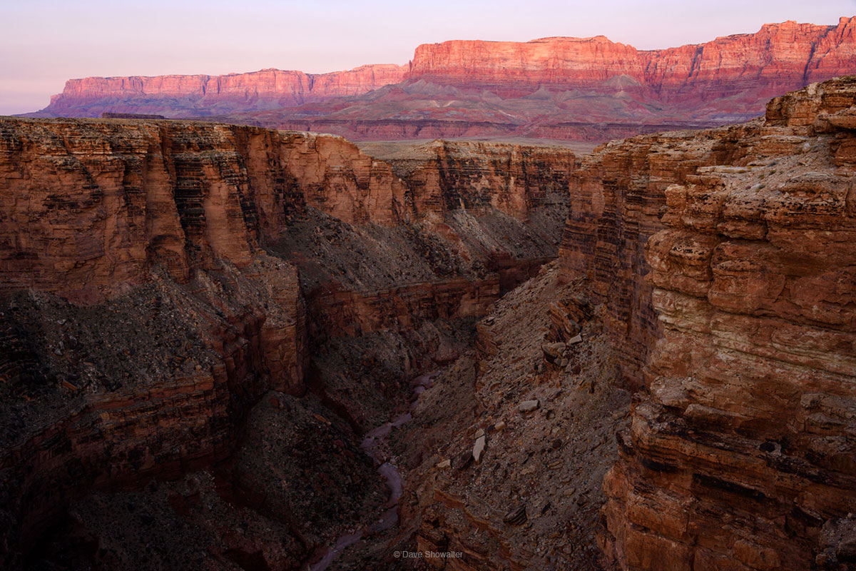 Sunrise paints the Vermillion Cliffs from a ledge over Badger Canyon, which is in Grand Canyon National Park. While this landscape...