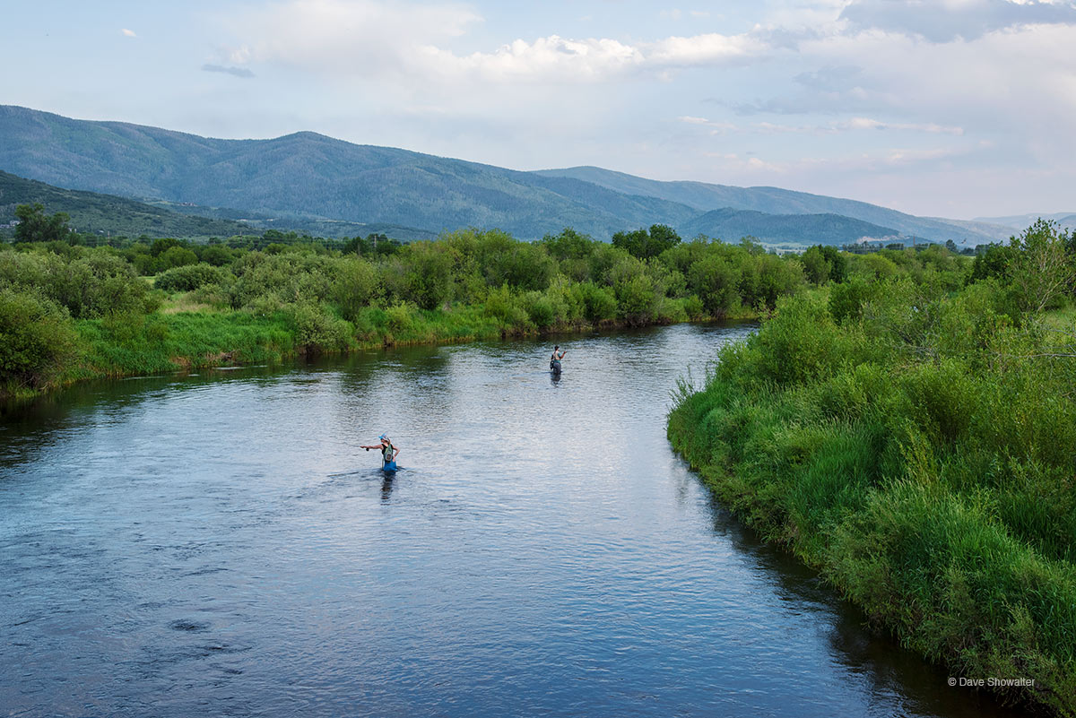 Fly fisherman cast for trout in receding June waters on then Yampa River, just outside of Steamboat Springs, Colorado. From its...